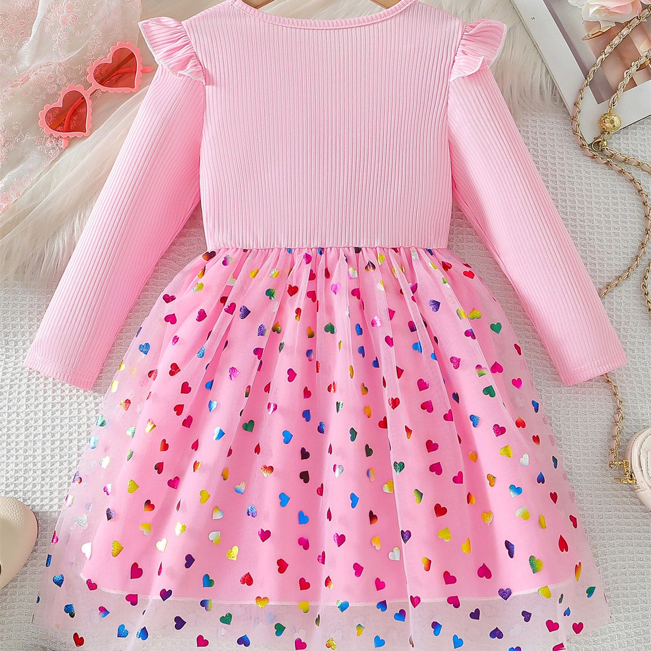 Toddler Clothes Girls Clothing Girl Long Sleeve Tulle Dress Princess Party Dress with Stars and Hearts for 3–8 Years Kids Fashion Mesh Midi Dresses