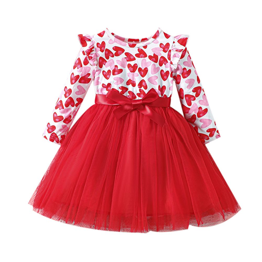 3-8 Years Girls Long Sleeve Tulle Dress with Heart Design Cute and Fashionable Mesh Patchwork Princess Dress for Kids, Toddler Girl Birthday Outfit