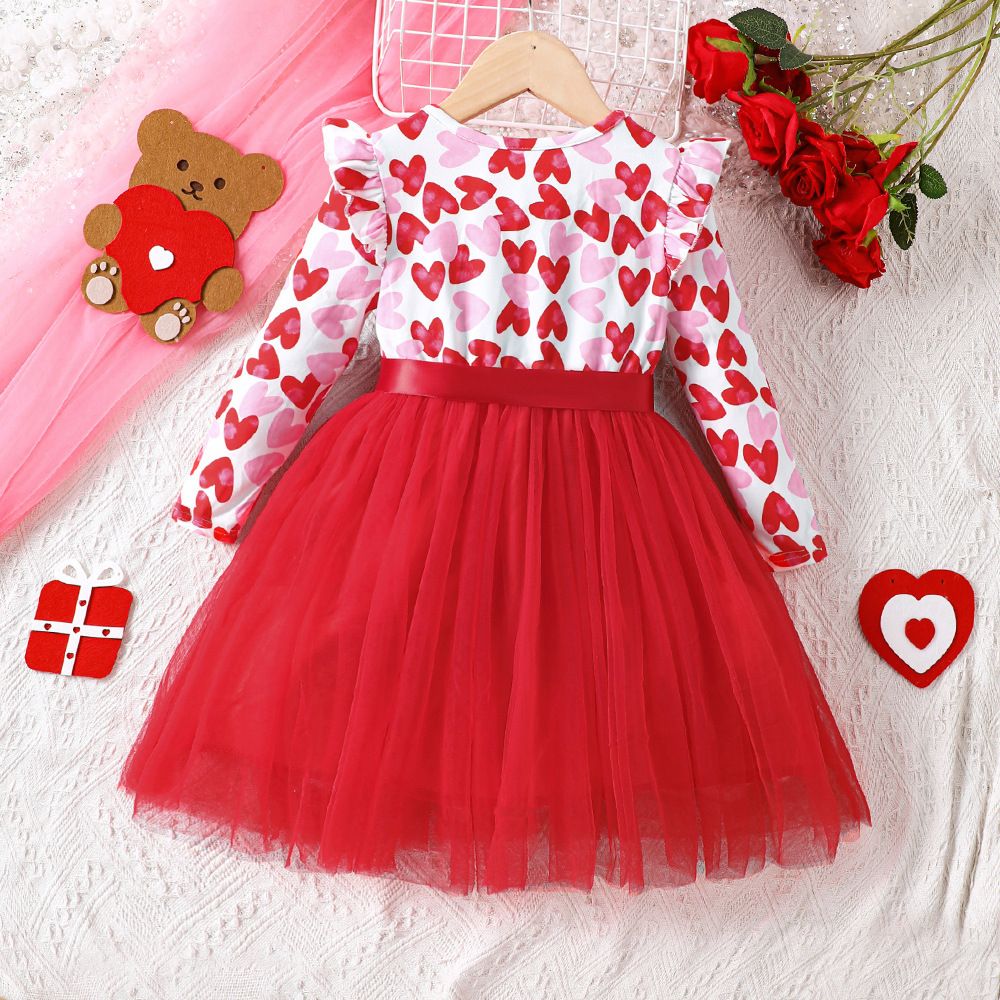 3-8 Years Girls Long Sleeve Tulle Dress with Heart Design Cute and Fashionable Mesh Patchwork Princess Dress for Kids, Toddler Girl Birthday Outfit