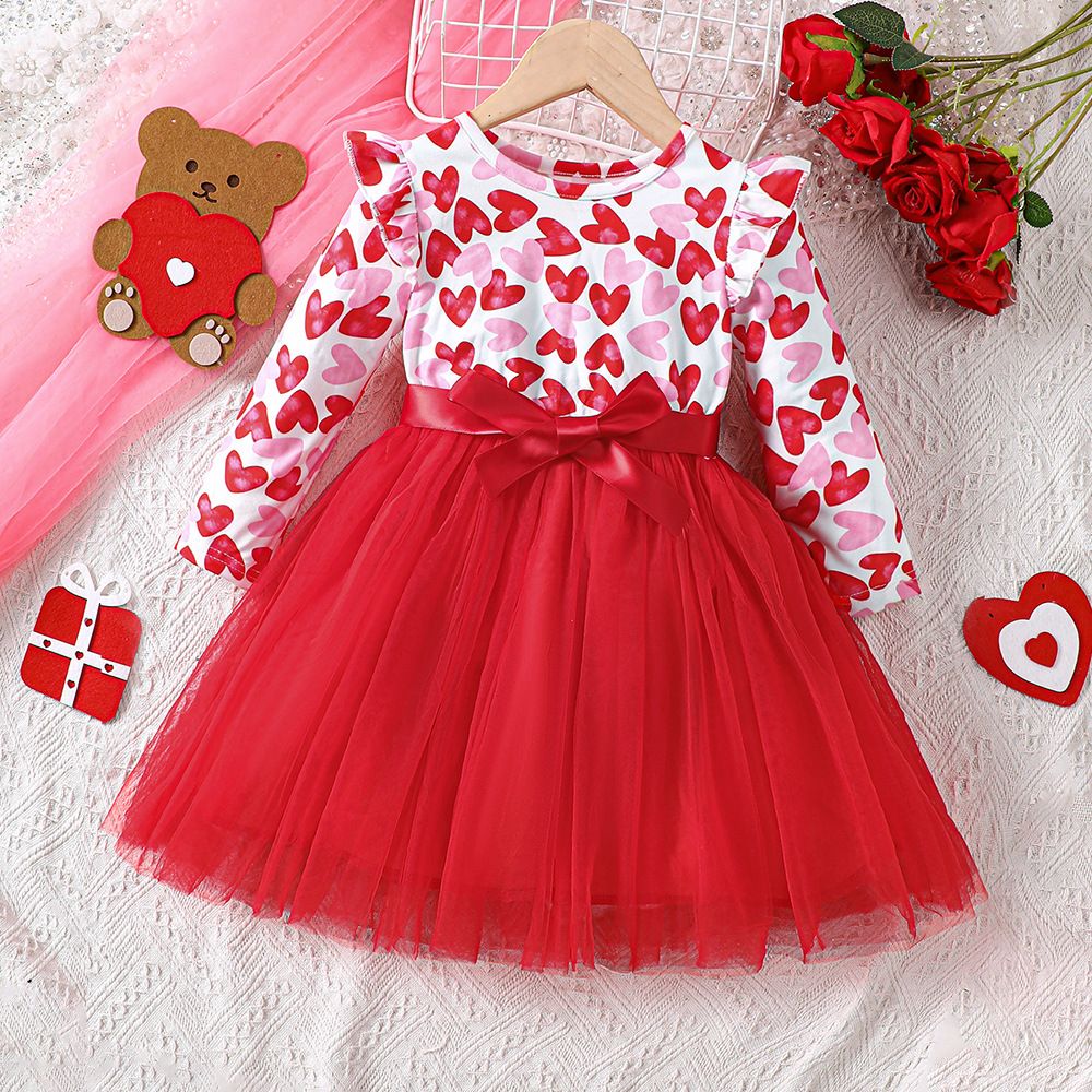 3-8 Years Girls Long Sleeve Tulle Dress with Heart Design Cute and Fashionable Mesh Patchwork Princess Dress for Kids, Toddler Girl Birthday Outfit