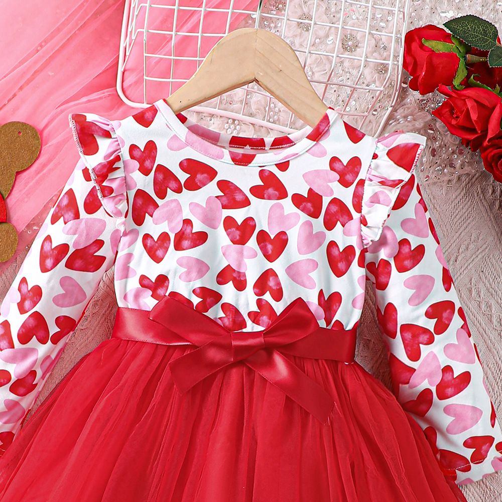 3-8 Years Girls Long Sleeve Tulle Dress with Heart Design Cute and Fashionable Mesh Patchwork Princess Dress for Kids, Toddler Girl Birthday Outfit