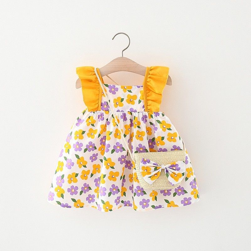 Summer New Baby Girl Dress with Ruffle Flutter Sleeves, Toddler Princess Dress Outfit with Bamboo Basket Crossbody Bag, Cute Infant Girl Clothing for Party, Birthday, Holiday, Casual Wear