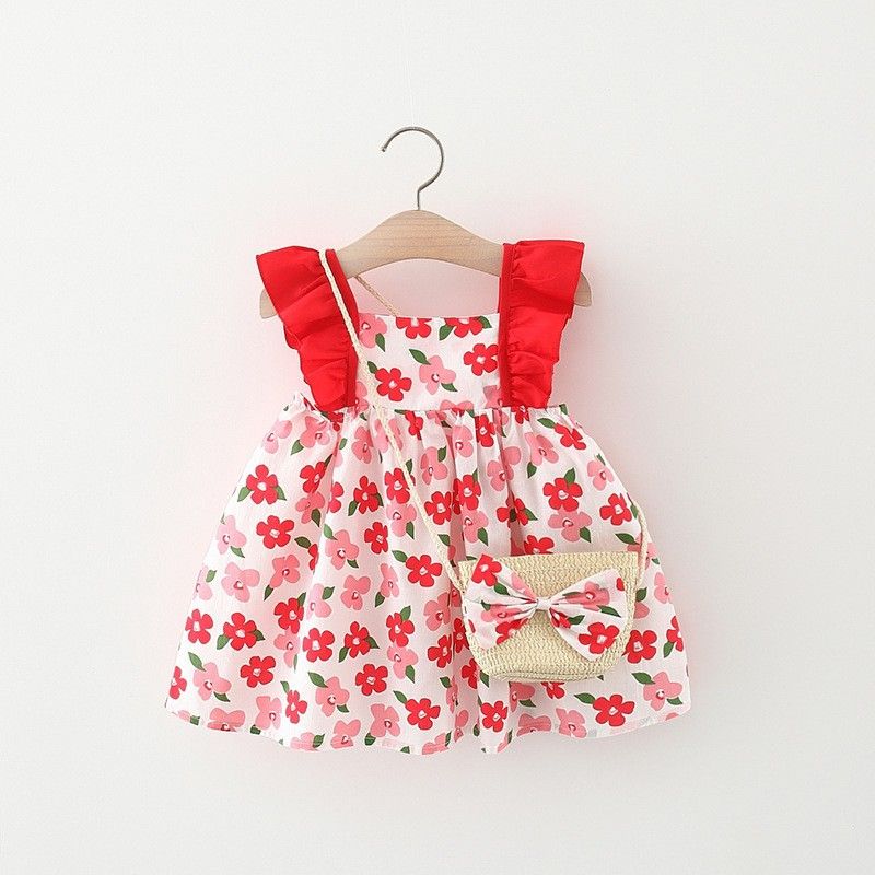 Summer New Baby Girl Dress with Ruffle Flutter Sleeves, Toddler Princess Dress Outfit with Bamboo Basket Crossbody Bag, Cute Infant Girl Clothing for Party, Birthday, Holiday, Casual Wear