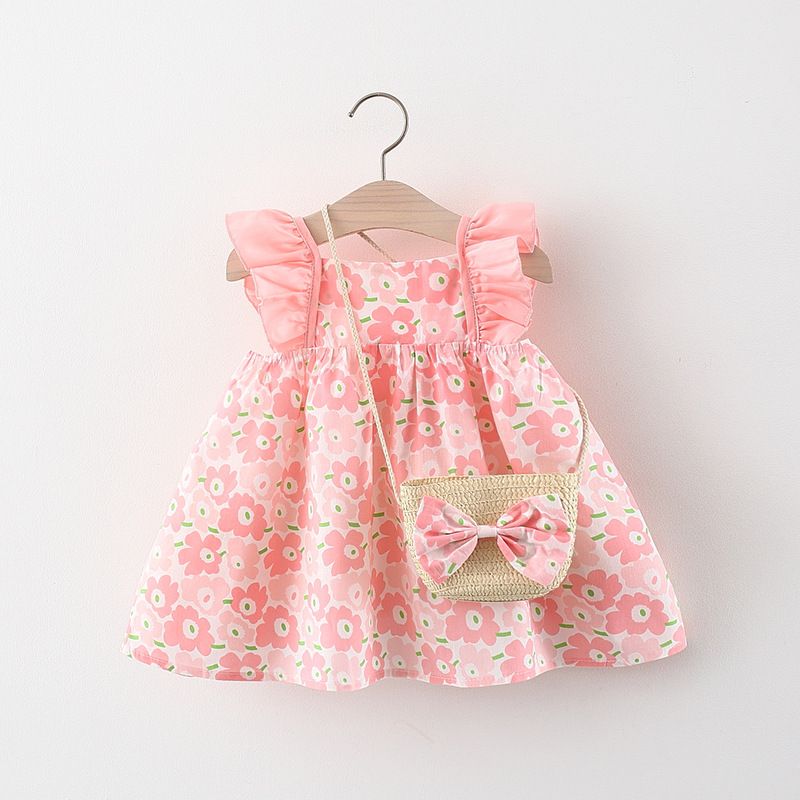 Summer New Baby Girl Dress with Ruffle Flutter Sleeves, Toddler Princess Dress Outfit with Bamboo Basket Crossbody Bag, Cute Infant Girl Clothing for Party, Birthday, Holiday, Casual Wear