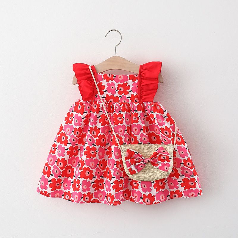 Summer New Baby Girl Dress with Ruffle Flutter Sleeves, Toddler Princess Dress Outfit with Bamboo Basket Crossbody Bag, Cute Infant Girl Clothing for Party, Birthday, Holiday, Casual Wear