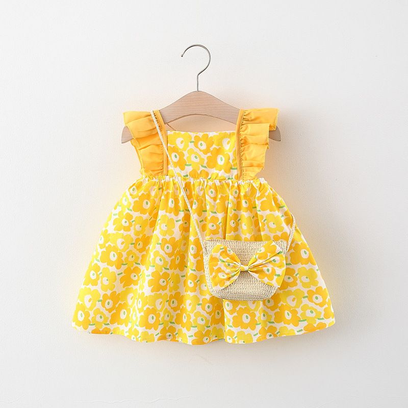 Summer New Baby Girl Dress with Ruffle Flutter Sleeves, Toddler Princess Dress Outfit with Bamboo Basket Crossbody Bag, Cute Infant Girl Clothing for Party, Birthday, Holiday, Casual Wear