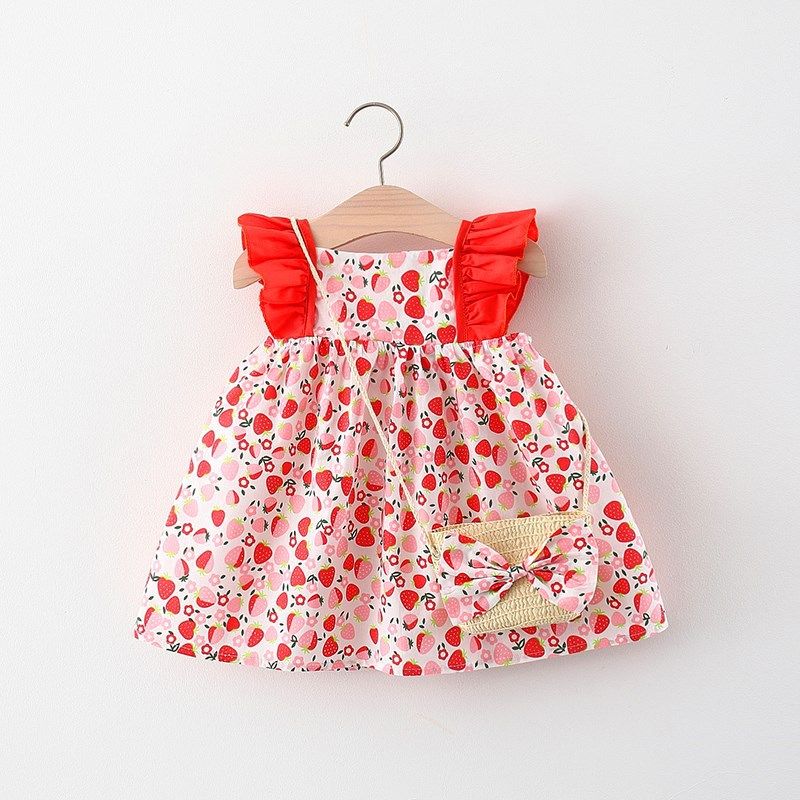 Summer New Baby Girl Dress with Ruffle Flutter Sleeves, Toddler Princess Dress Outfit with Bamboo Basket Crossbody Bag, Cute Infant Girl Clothing for Party, Birthday, Holiday, Casual Wear