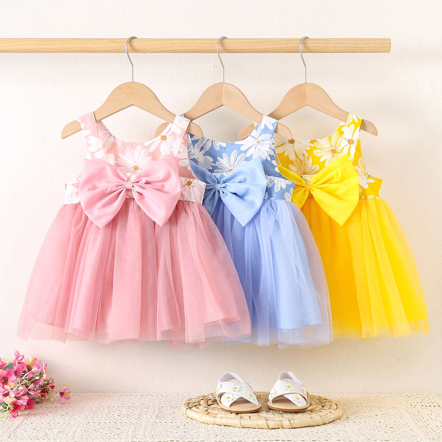 Girls' Clothing Children's Clothing Dresses Fashionable New Styles Mesh Skirts Printed Chrysanthemums Cute Style Shining Stars Birthday Gifts Princess Dresses
