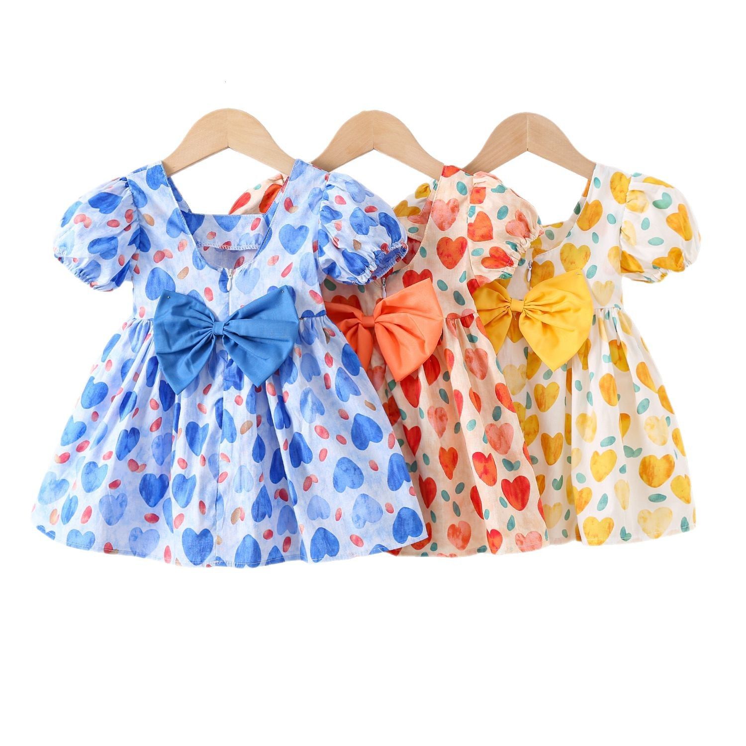 Girls' Clothing Children's Clothing Bubble Sleeve Dress Full Of Love Bow Dress Printed Spots Cute Style Princess Dress