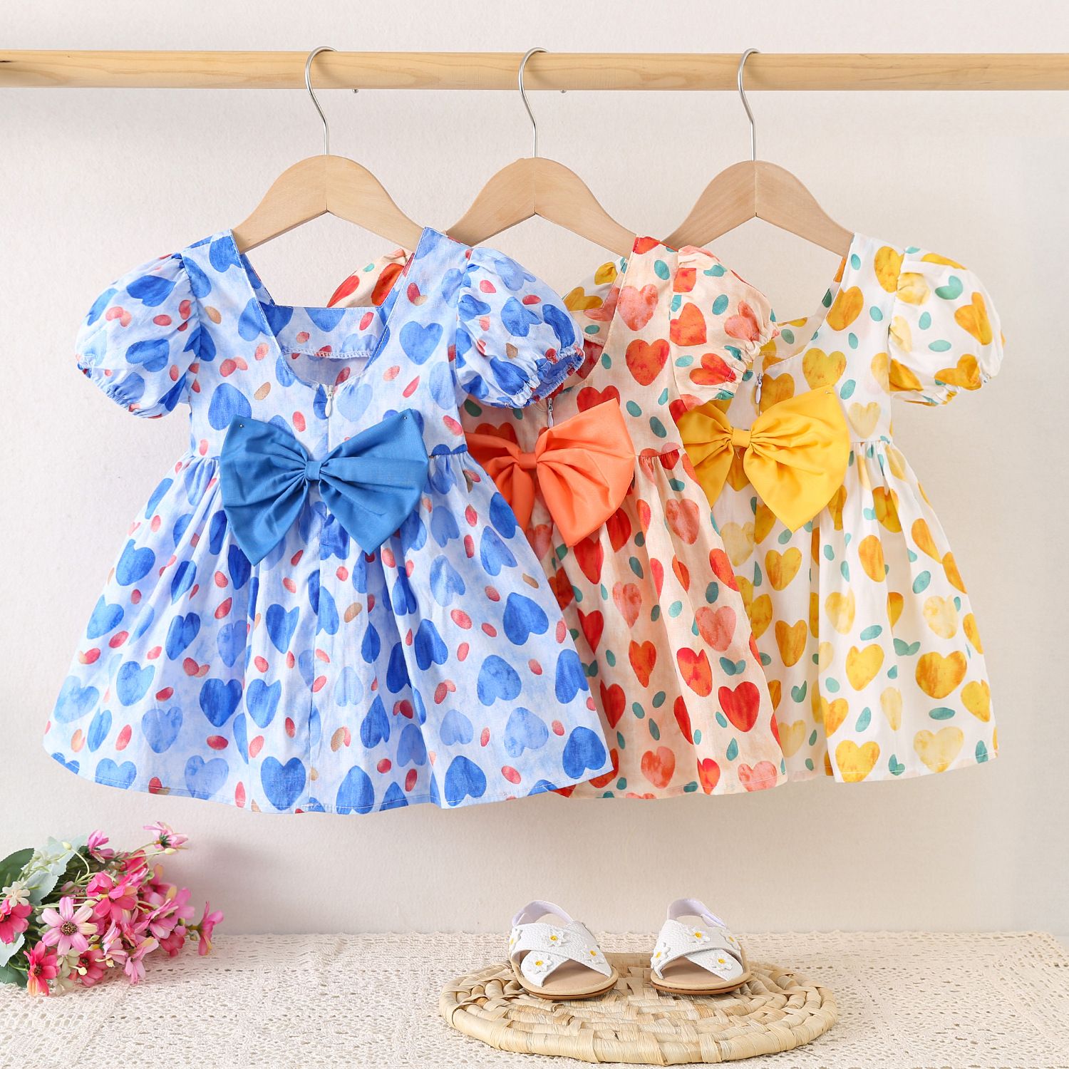Girls' Clothing Children's Clothing Bubble Sleeve Dress Full Of Love Bow Dress Printed Spots Cute Style Princess Dress