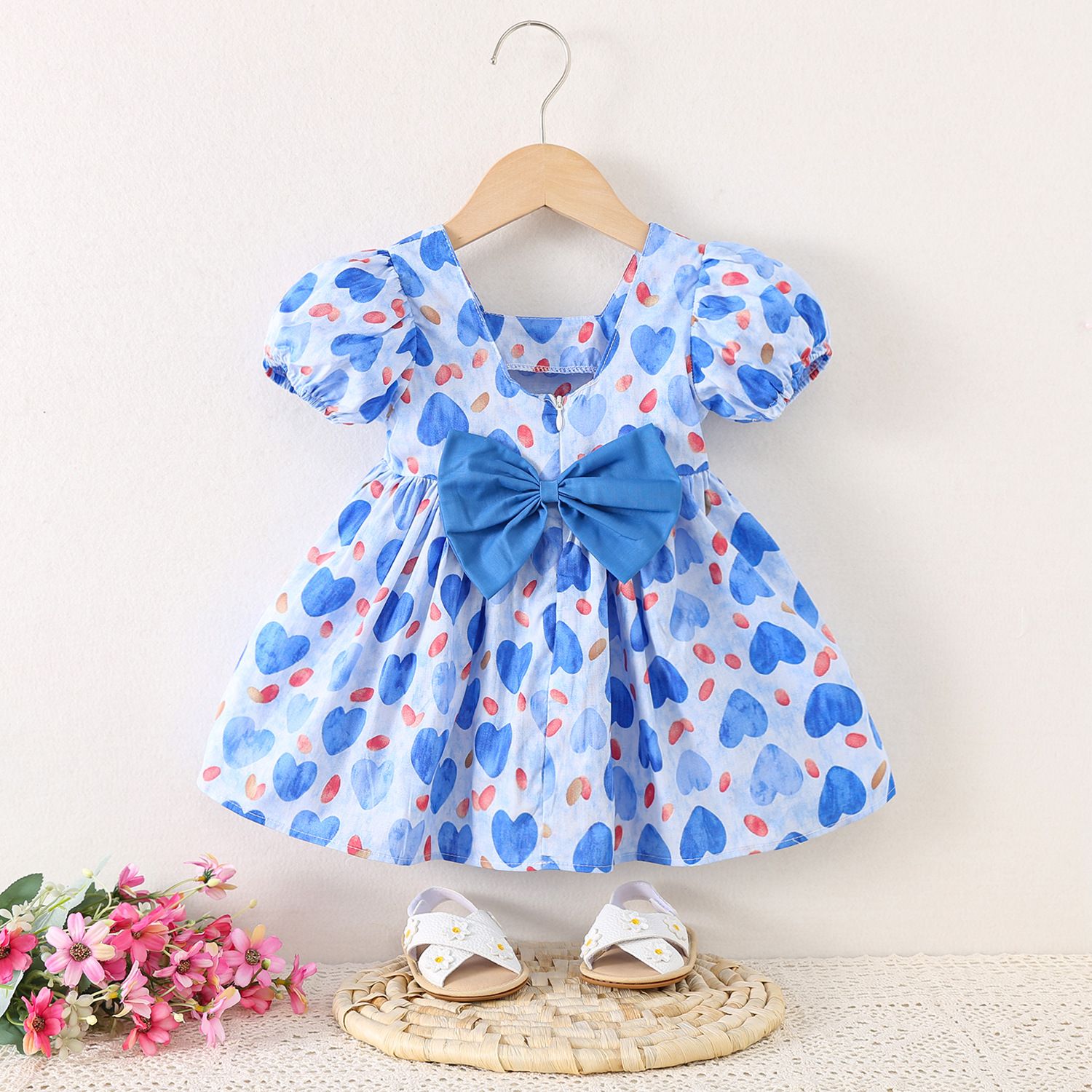 Girls' Clothing Children's Clothing Bubble Sleeve Dress Full Of Love Bow Dress Printed Spots Cute Style Princess Dress