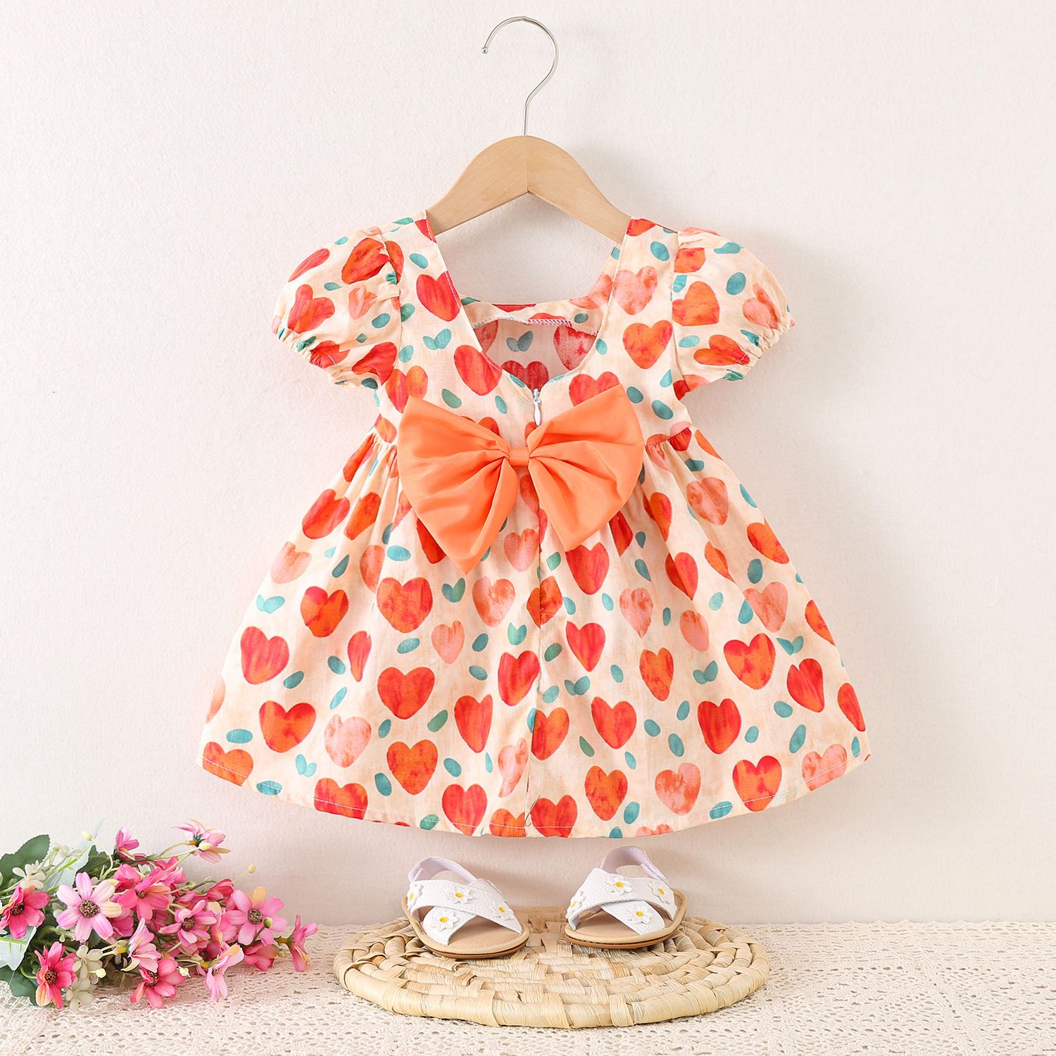 Girls' Clothing Children's Clothing Bubble Sleeve Dress Full Of Love Bow Dress Printed Spots Cute Style Princess Dress