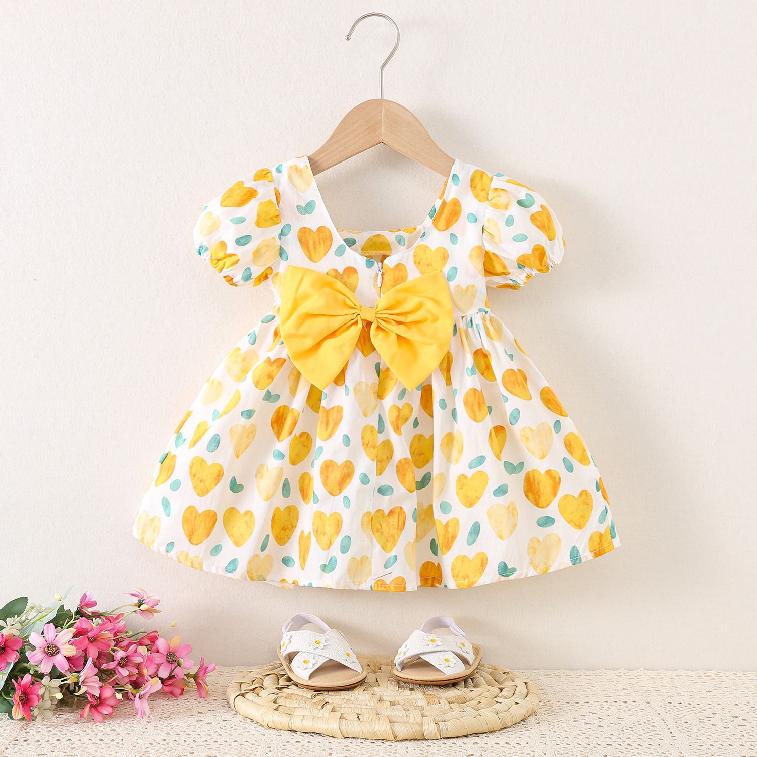 Girls' Clothing Children's Clothing Bubble Sleeve Dress Full Of Love Bow Dress Printed Spots Cute Style Princess Dress