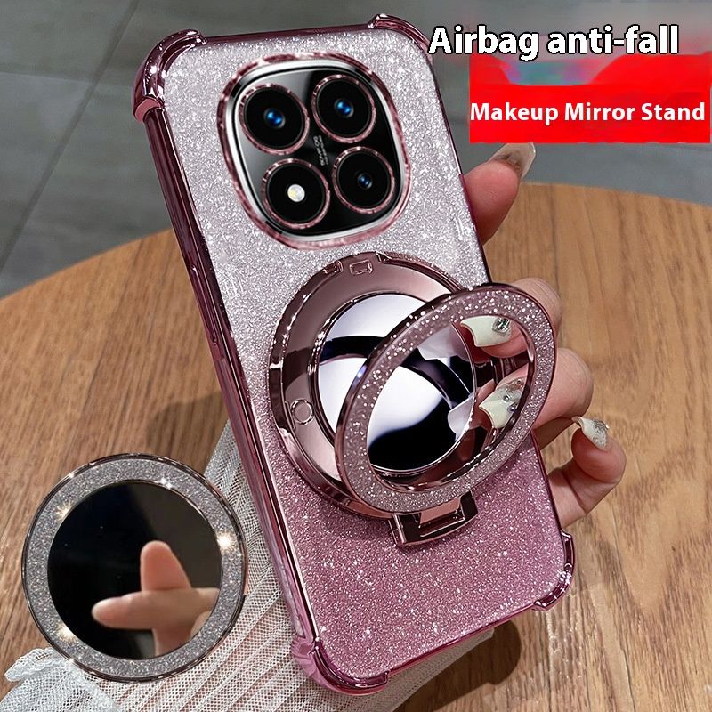 Redmi Phone Case For Redmi 14C Note Etc High-Look Xiaomi Case W/Foldable Stand Makeup Mirror Fashion Airbag Shockproof Drop-Resistant Fingerprint-Free Samsung A07/06/16 Phoen Case