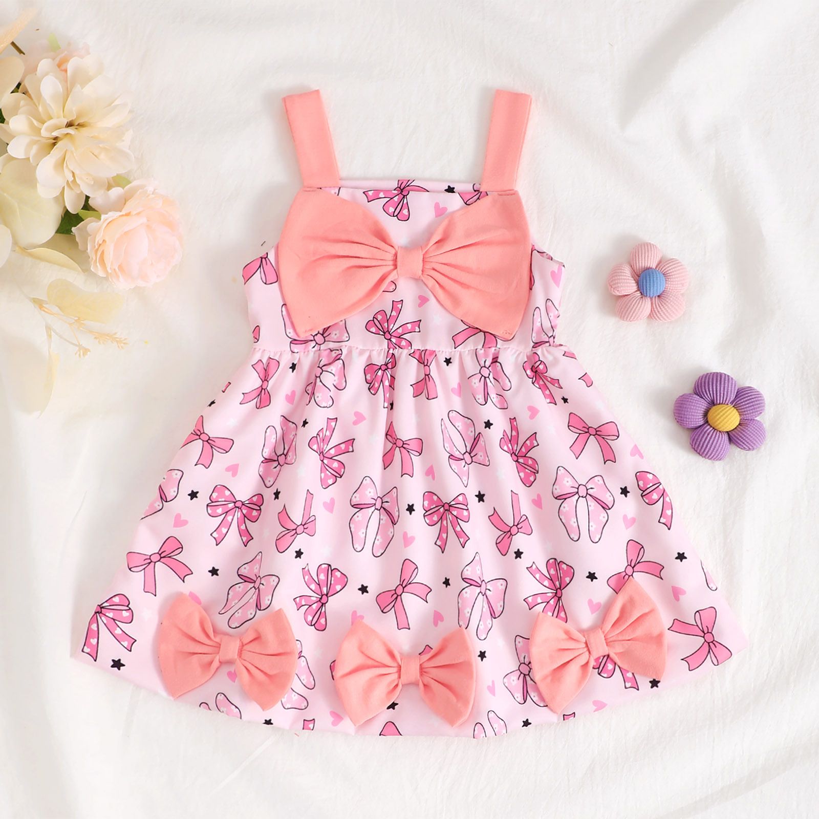 Girls' Dress Toddler Princess Dress Bowknot Printed & With Pendants Sling Dress Fashion New Style Cute Style Holiday Birthday Outfit Strawberry Flower Pattern