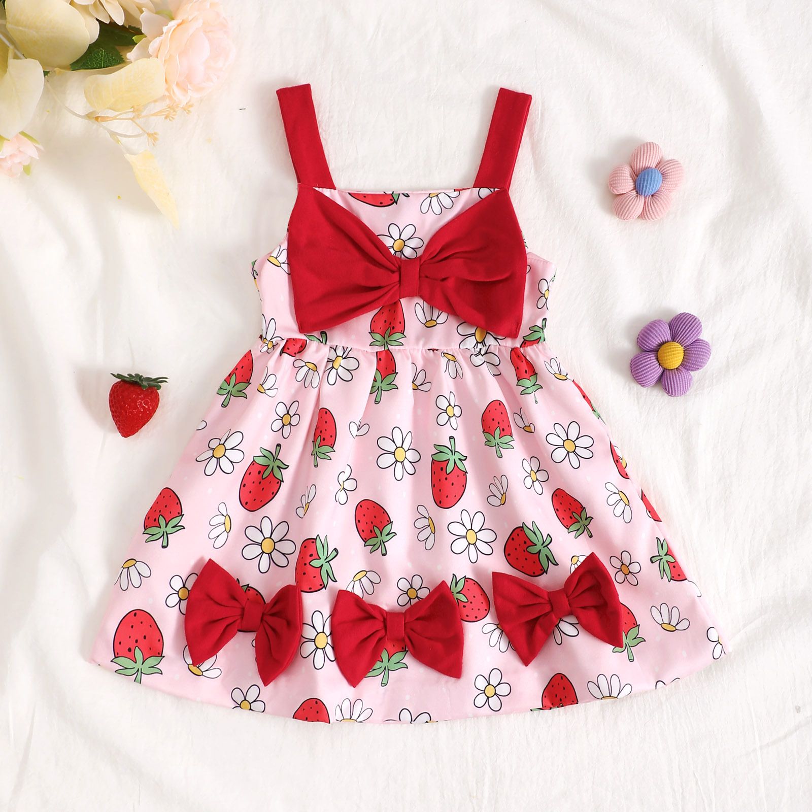 Girls' Dress Toddler Princess Dress Bowknot Printed & With Pendants Sling Dress Fashion New Style Cute Style Holiday Birthday Outfit Strawberry Flower Pattern