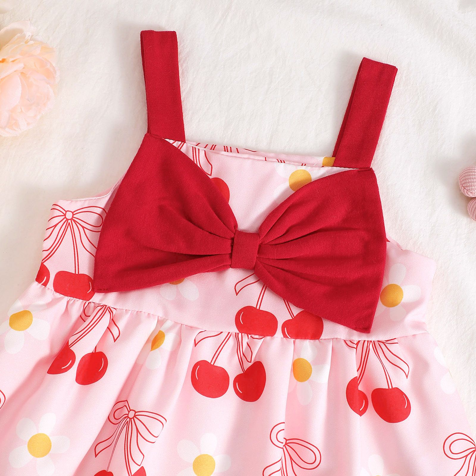 Girls' Dress Toddler Princess Dress Bowknot Printed & With Pendants Sling Dress Fashion New Style Cute Style Holiday Birthday Outfit Strawberry Flower Pattern