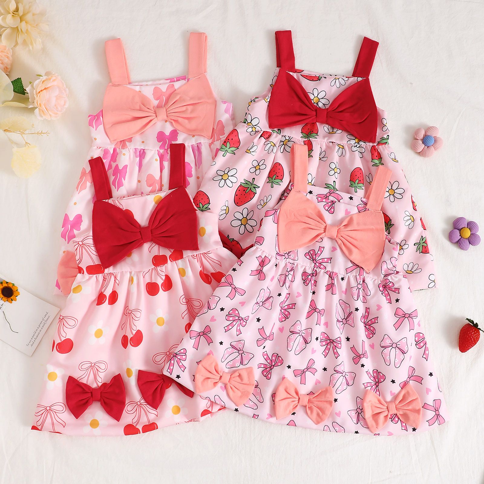 Girls' Dress Toddler Princess Dress Bowknot Printed & With Pendants Sling Dress Fashion New Style Cute Style Holiday Birthday Outfit Strawberry Flower Pattern