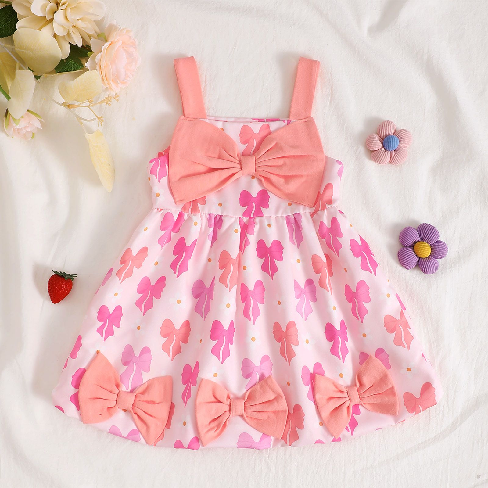 Girls' Dress Toddler Princess Dress Bowknot Printed & With Pendants Sling Dress Fashion New Style Cute Style Holiday Birthday Outfit Strawberry Flower Pattern