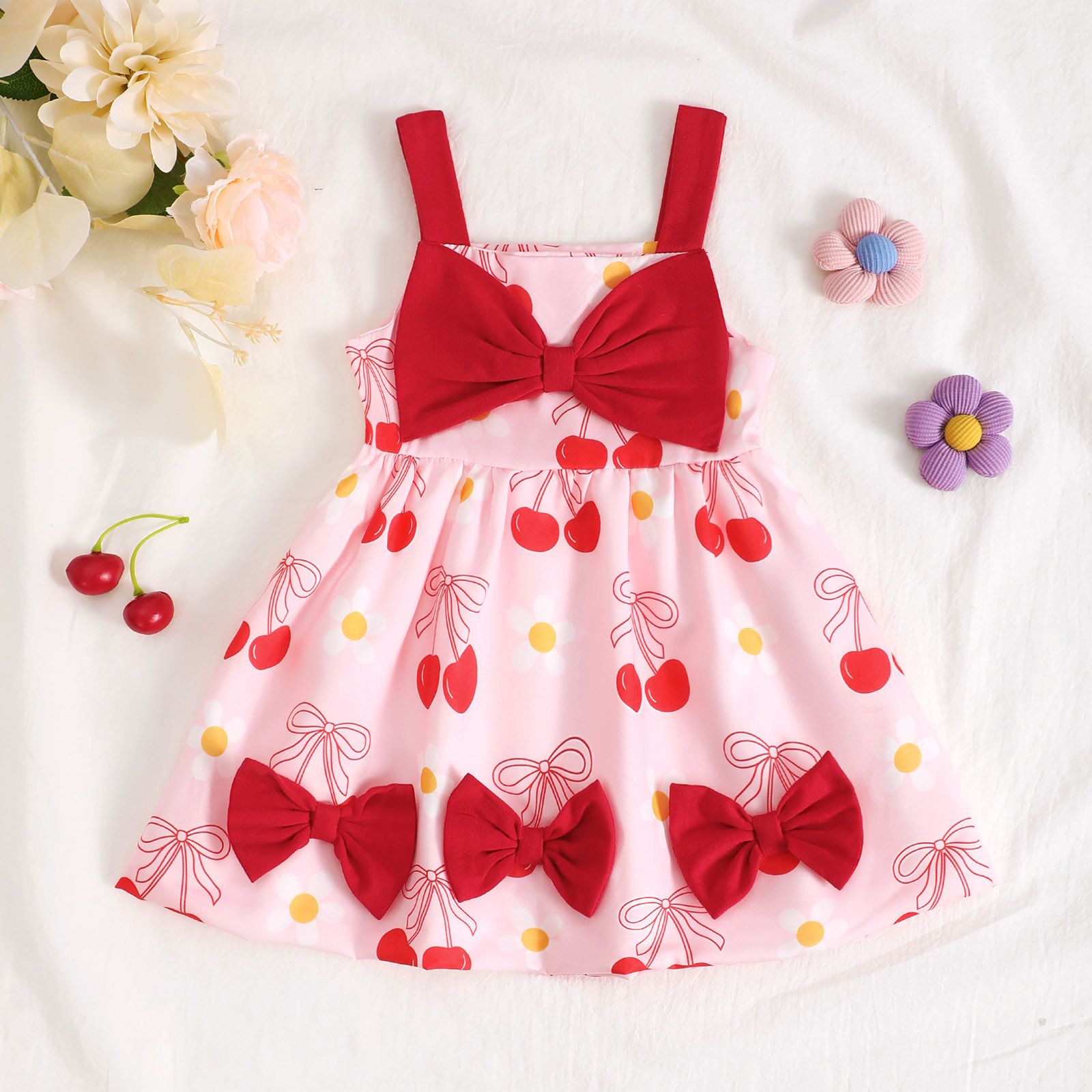 Girls' Dress Toddler Princess Dress Bowknot Printed & With Pendants Sling Dress Fashion New Style Cute Style Holiday Birthday Outfit Strawberry Flower Pattern