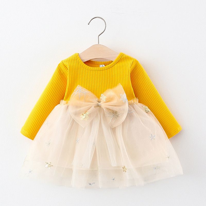 Girls' Dress Toddler Princess Dress Bowknot Long-Sleeve Top Knitted Long Sleeves Fashion New Style Tulle Skirt Holiday Birthday Gift Star Pattern