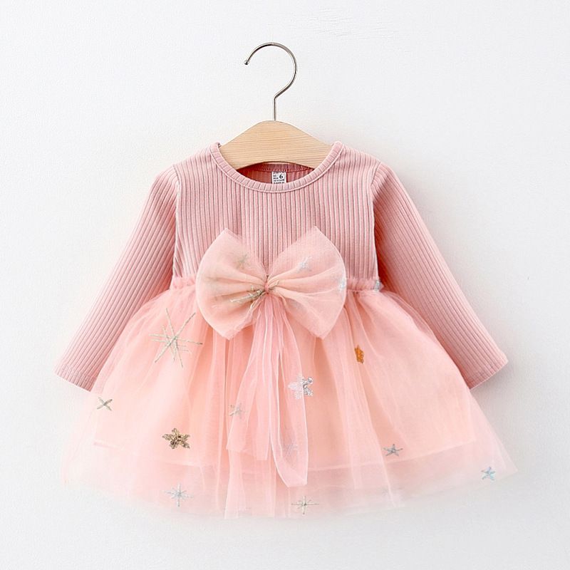 Girls' Dress Toddler Princess Dress Bowknot Long-Sleeve Top Knitted Long Sleeves Fashion New Style Tulle Skirt Holiday Birthday Gift Star Pattern