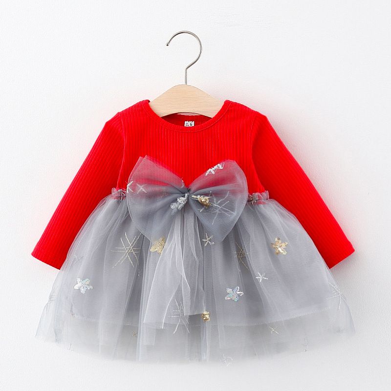 Girls' Dress Toddler Princess Dress Bowknot Long-Sleeve Top Knitted Long Sleeves Fashion New Style Tulle Skirt Holiday Birthday Gift Star Pattern