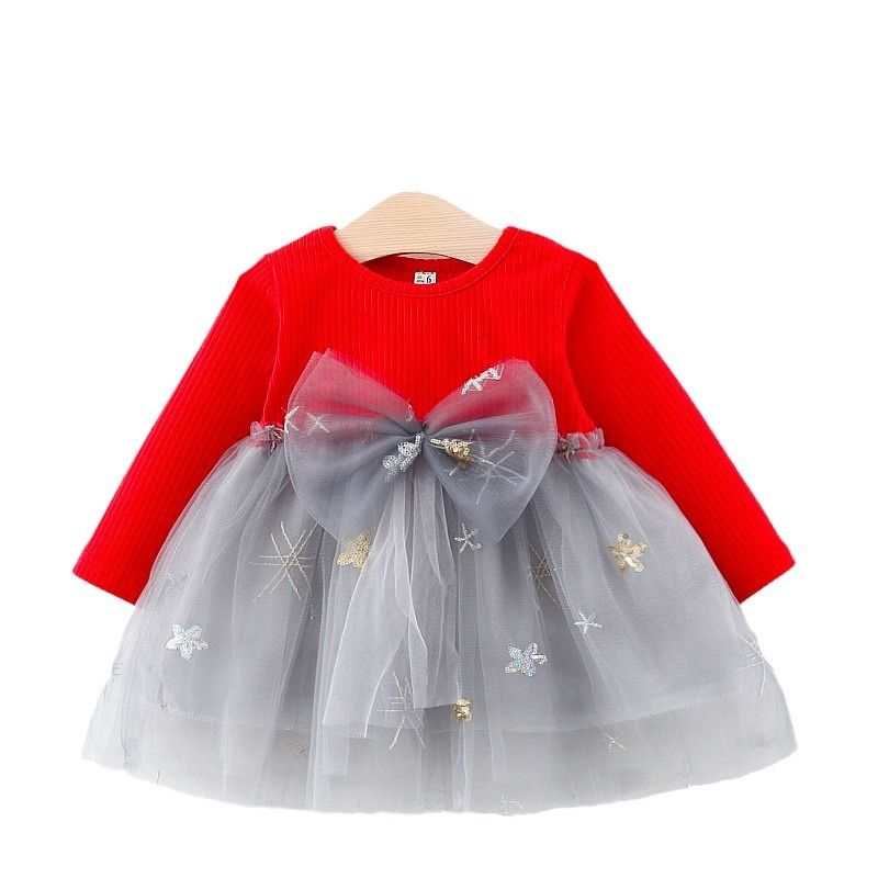 Girls' Dress Toddler Princess Dress Bowknot Long-Sleeve Top Knitted Long Sleeves Fashion New Style Tulle Skirt Holiday Birthday Gift Star Pattern