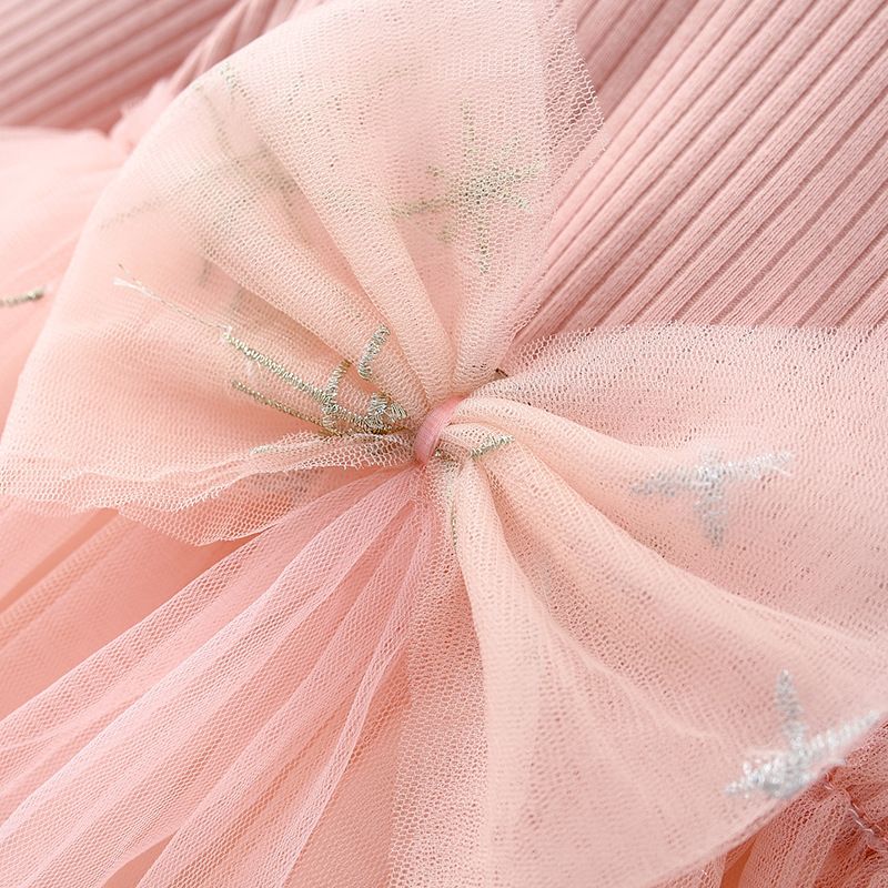 Girls' Dress Toddler Princess Dress Bowknot Long-Sleeve Top Knitted Long Sleeves Fashion New Style Tulle Skirt Holiday Birthday Gift Star Pattern