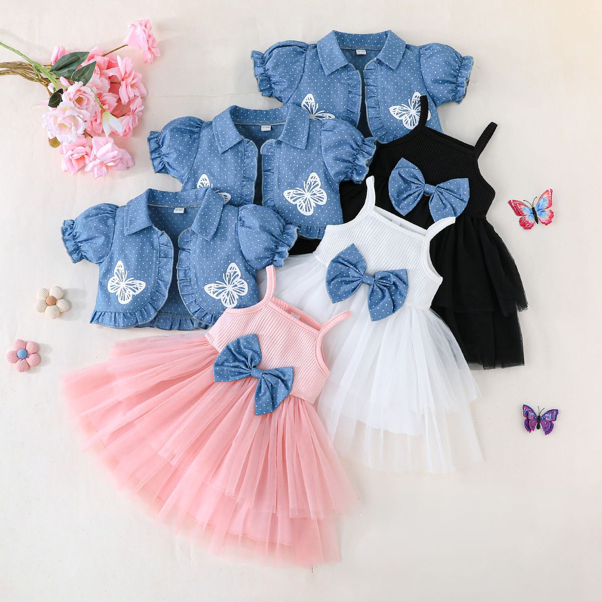 Girls' Clothing 2-Piece Set Collared Short-Sleeve Jacket Camisole Dress Butterfly Print Bowknot Fashion New Style Princess Dress Tulle Style INS Style
