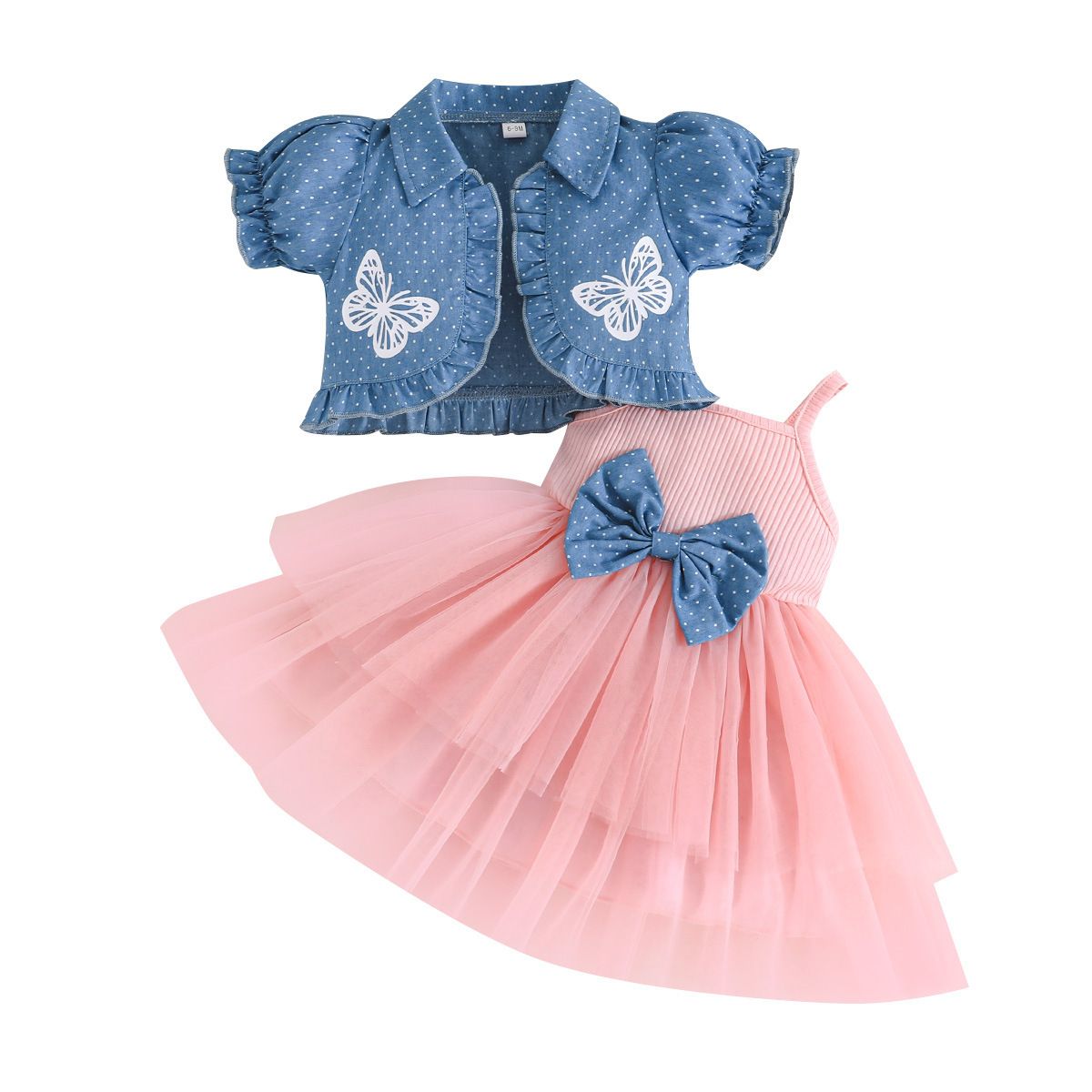 Girls' Clothing 2-Piece Set Collared Short-Sleeve Jacket Camisole Dress Butterfly Print Bowknot Fashion New Style Princess Dress Tulle Style INS Style