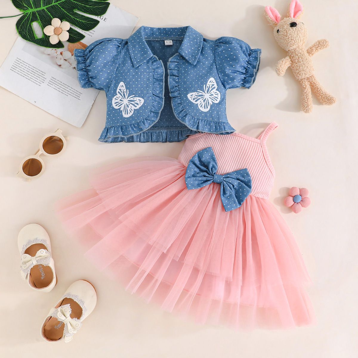 Girls' Clothing 2-Piece Set Collared Short-Sleeve Jacket Camisole Dress Butterfly Print Bowknot Fashion New Style Princess Dress Tulle Style INS Style