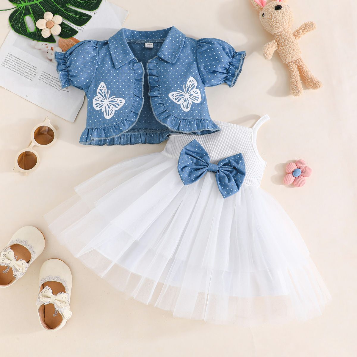 Girls' Clothing 2-Piece Set Collared Short-Sleeve Jacket Camisole Dress Butterfly Print Bowknot Fashion New Style Princess Dress Tulle Style INS Style