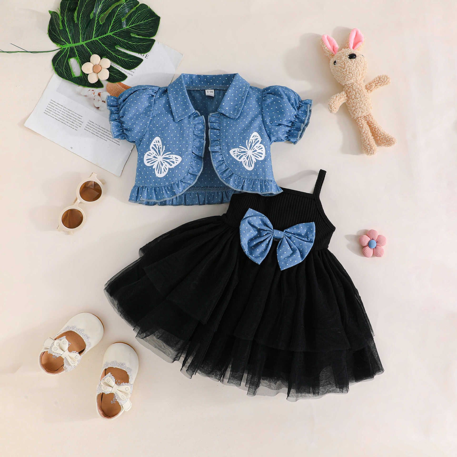 Girls' Clothing 2-Piece Set Collared Short-Sleeve Jacket Camisole Dress Butterfly Print Bowknot Fashion New Style Princess Dress Tulle Style INS Style