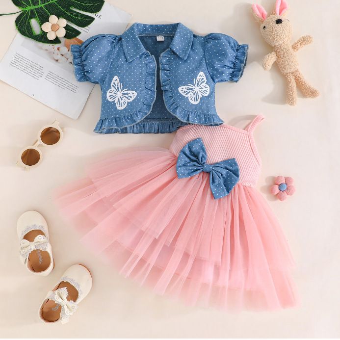 Girls' Clothing 2-Piece Set Collared Short-Sleeve Jacket Camisole Dress Butterfly Print Bowknot Fashion New Style Princess Dress Tulle Style INS Style