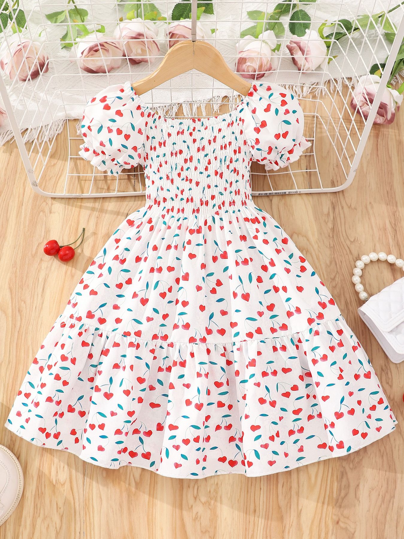 Girls Summer Dress Short Sleeve Printed Shirred Sundress Cute Little Girl Outfit Cottagecore Style Puff Sleeve Casual Clothing for Kids