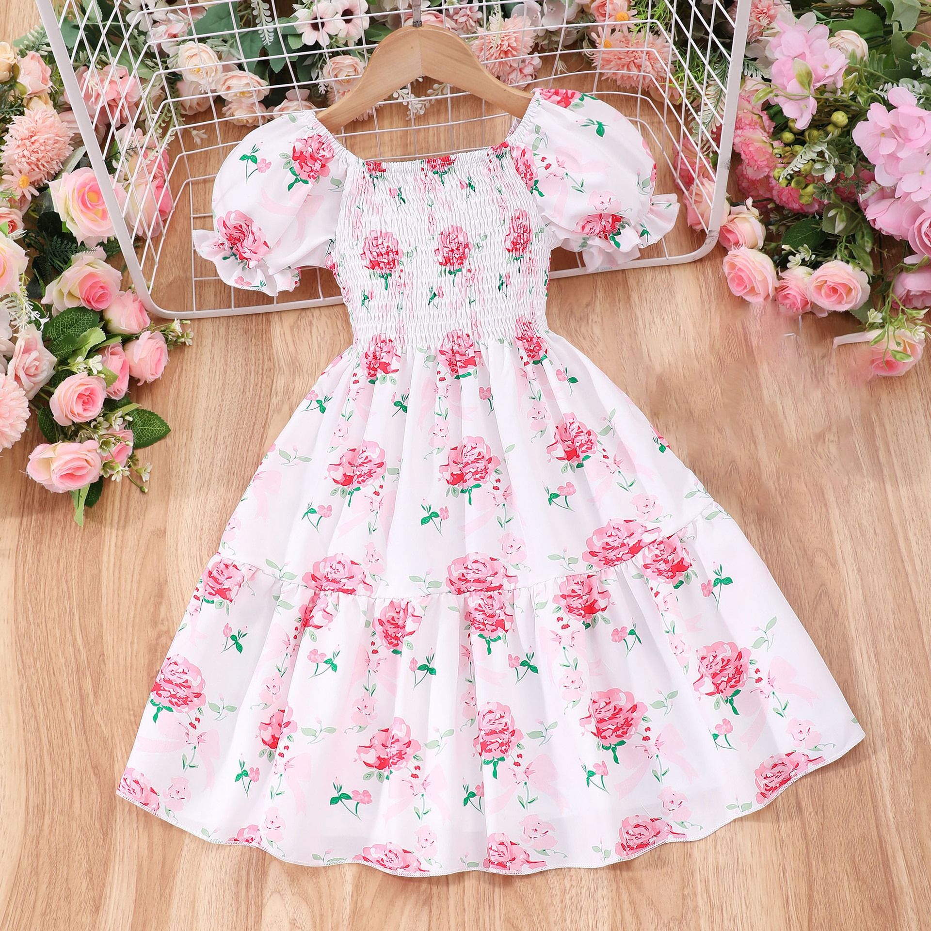 Girls Summer Dress Short Sleeve Printed Shirred Sundress Cute Little Girl Outfit Cottagecore Style Puff Sleeve Casual Clothing for Kids