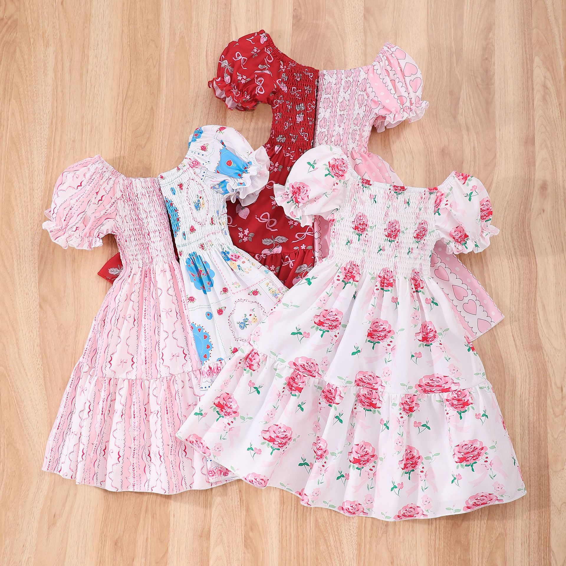 Girls Summer Dress Short Sleeve Printed Shirred Sundress Cute Little Girl Outfit Cottagecore Style Puff Sleeve Casual Clothing for Kids