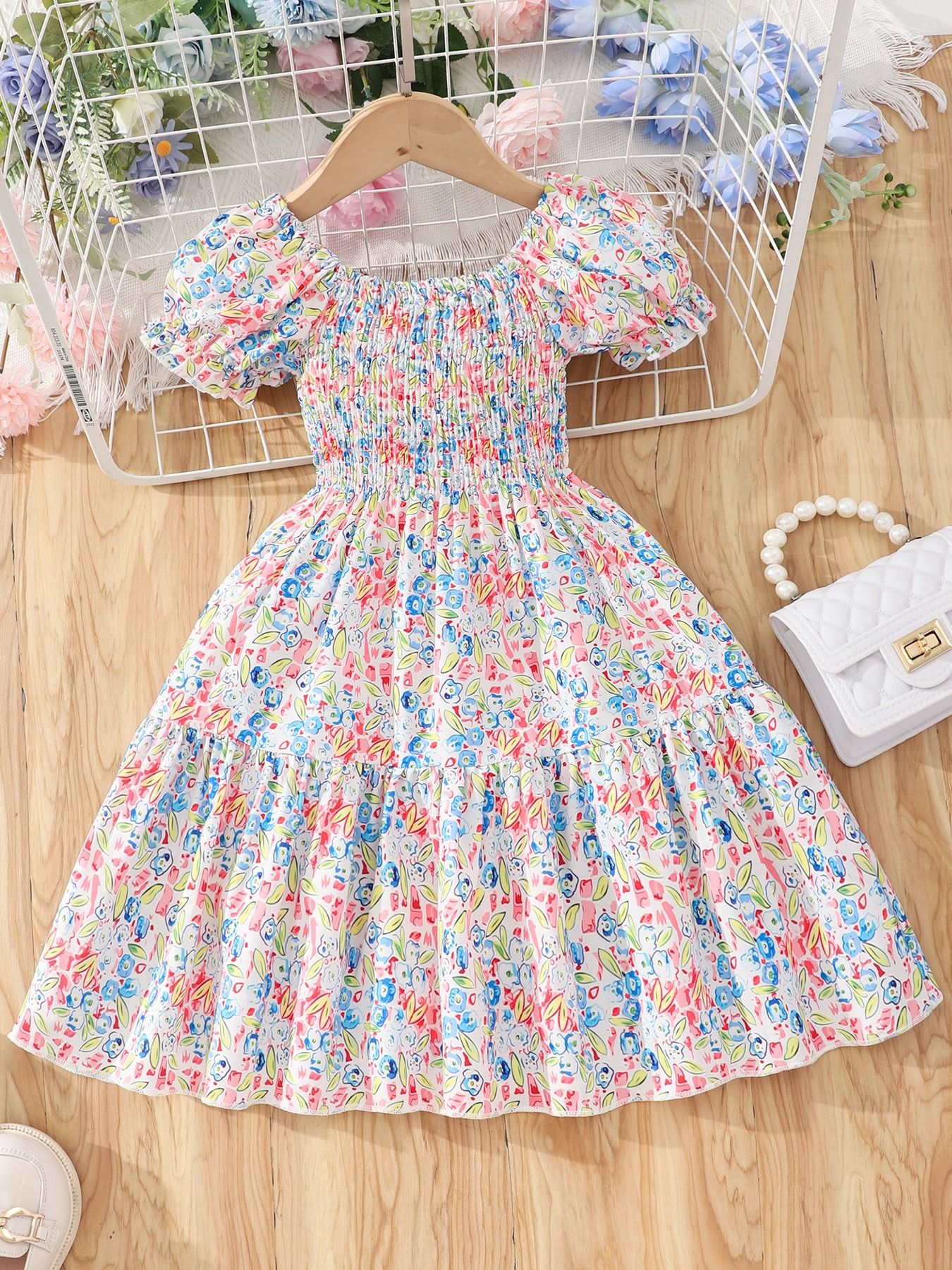 Girls Summer Dress Short Sleeve Printed Shirred Sundress Cute Little Girl Outfit Cottagecore Style Puff Sleeve Casual Clothing for Kids