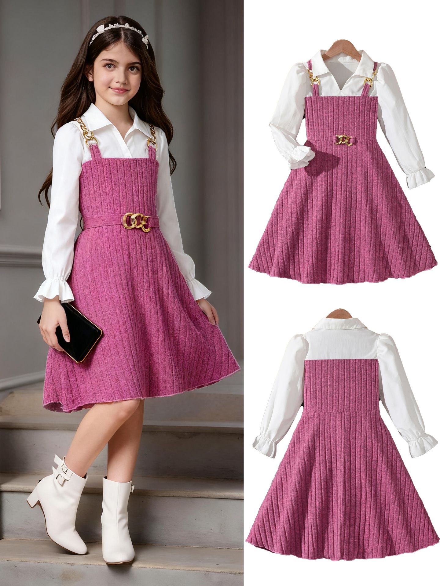 Girls' Clothing Set Spliced Dress Autumn Style Pink Striped Princess Dress Belt With Metal Buttons Knitted Style Fashion Design INS Style Versatile Comfortable Birthday Gift Holiday Gift