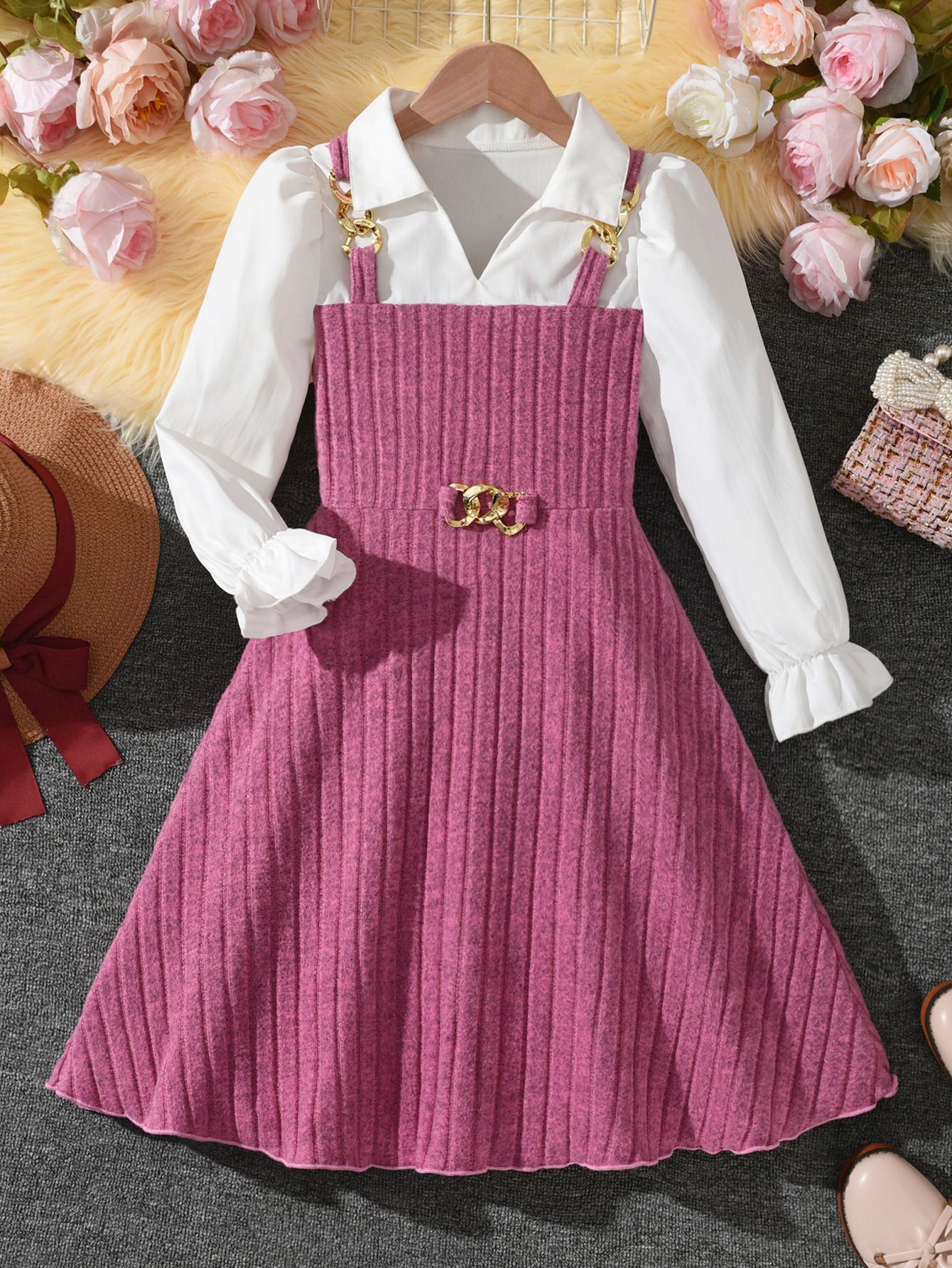 Girls' Clothing Set Spliced Dress Autumn Style Pink Striped Princess Dress Belt With Metal Buttons Knitted Style Fashion Design INS Style Versatile Comfortable Birthday Gift Holiday Gift