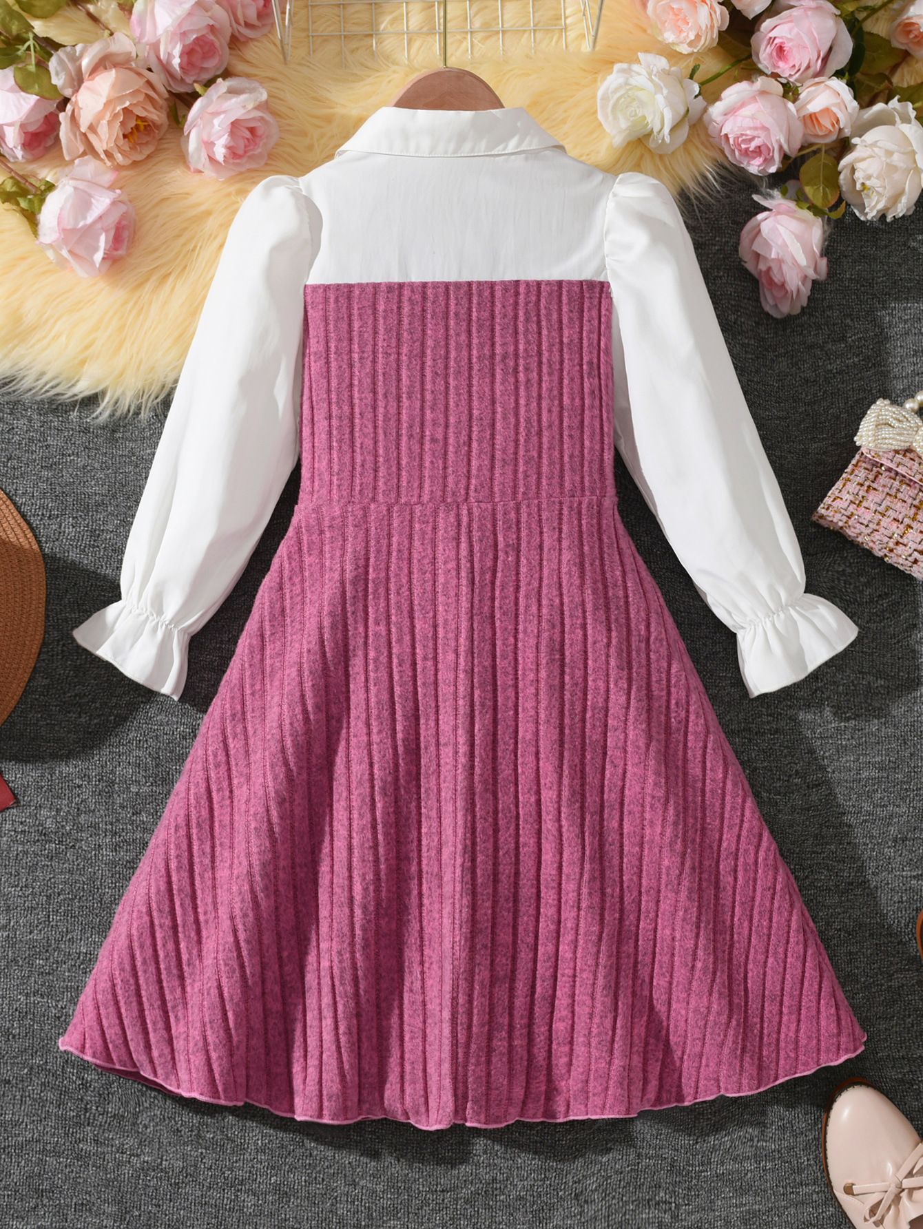 Girls' Clothing Set Spliced Dress Autumn Style Pink Striped Princess Dress Belt With Metal Buttons Knitted Style Fashion Design INS Style Versatile Comfortable Birthday Gift Holiday Gift