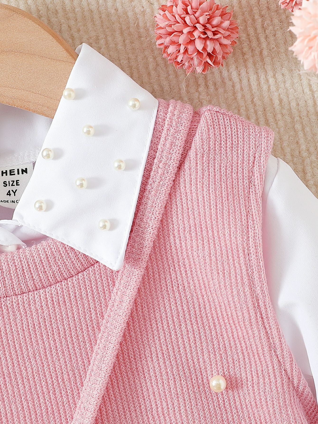 Girls 3 Piece Clothing Set Collared Shirt Dress Knit Vest With Beaded Pearls And Crossbody Bag Fashionable And Breathable excluding shoes