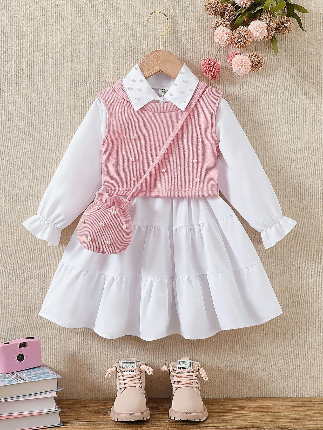 Girls 3 Piece Clothing Set Collared Shirt Dress Knit Vest With Beaded Pearls And Crossbody Bag Fashionable And Breathable excluding shoes