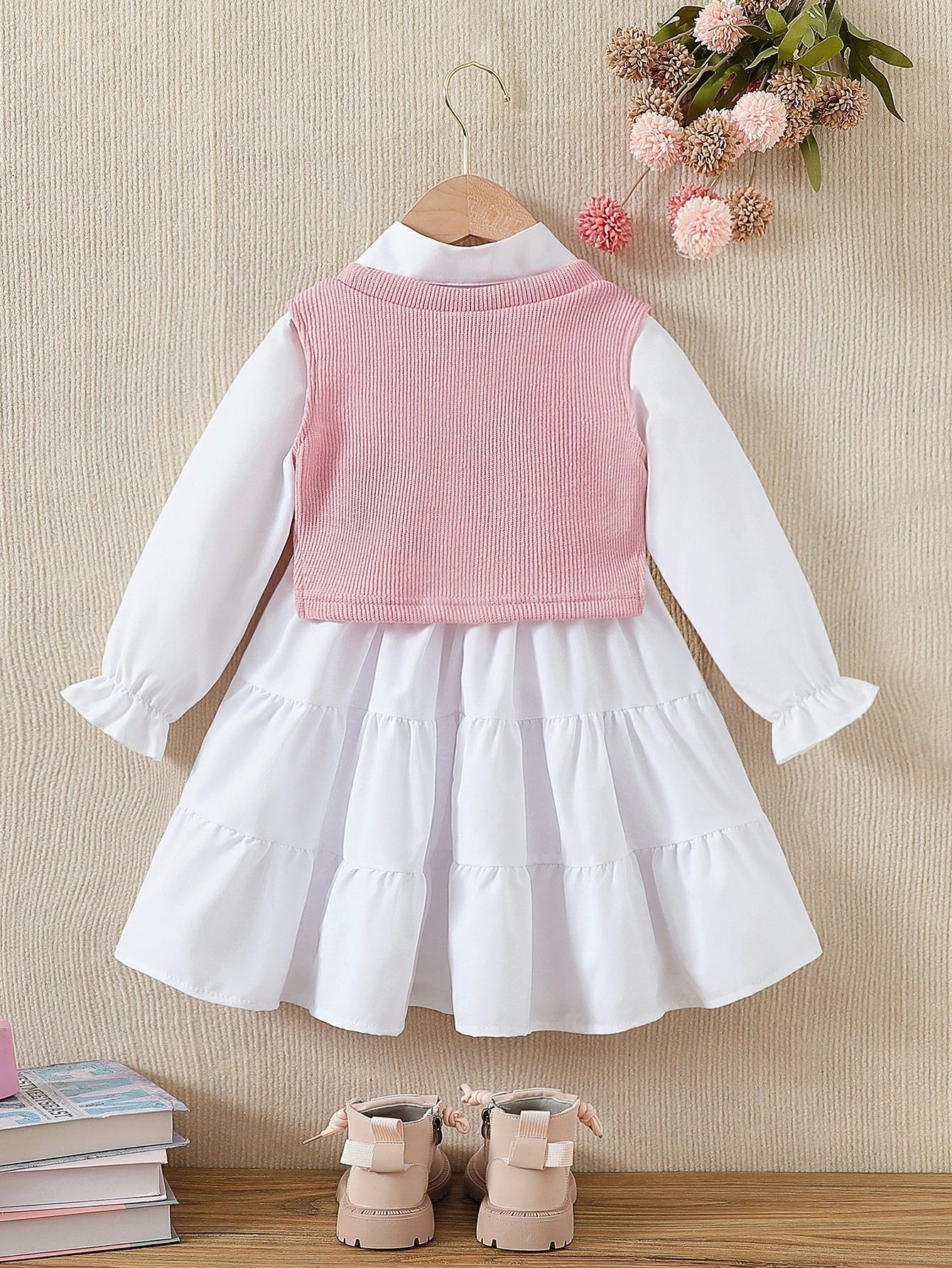 Girls 3 Piece Clothing Set Collared Shirt Dress Knit Vest With Beaded Pearls And Crossbody Bag Fashionable And Breathable excluding shoes