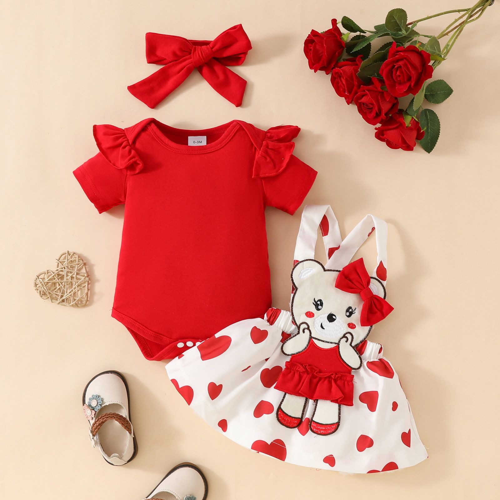 Girls 3 Piece Clothing Set Baby Romper Long Sleeve Red Jumpsuit Bear Plush Suspender Dress Bow Fashionable Comfortable Breathable Holiday Party Gift