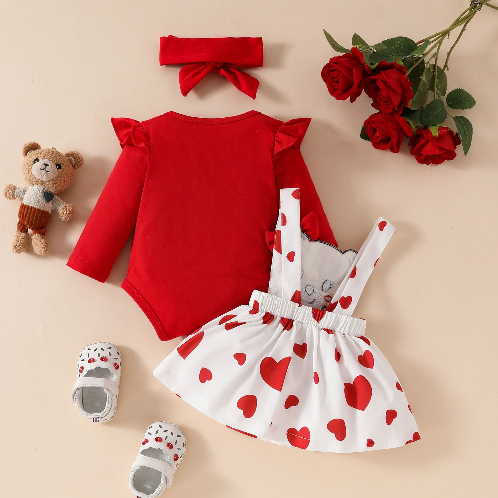 Girls 3 Piece Clothing Set Baby Romper Long Sleeve Red Jumpsuit Bear Plush Suspender Dress Bow Fashionable Comfortable Breathable Holiday Party Gift