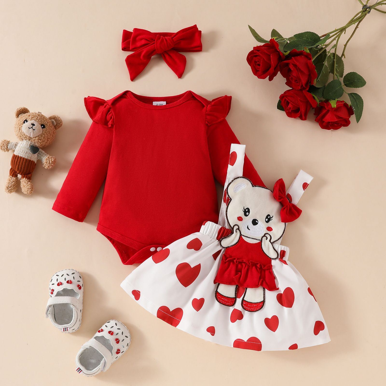 Girls 3 Piece Clothing Set Baby Romper Long Sleeve Red Jumpsuit Bear Plush Suspender Dress Bow Fashionable Comfortable Breathable Holiday Party Gift