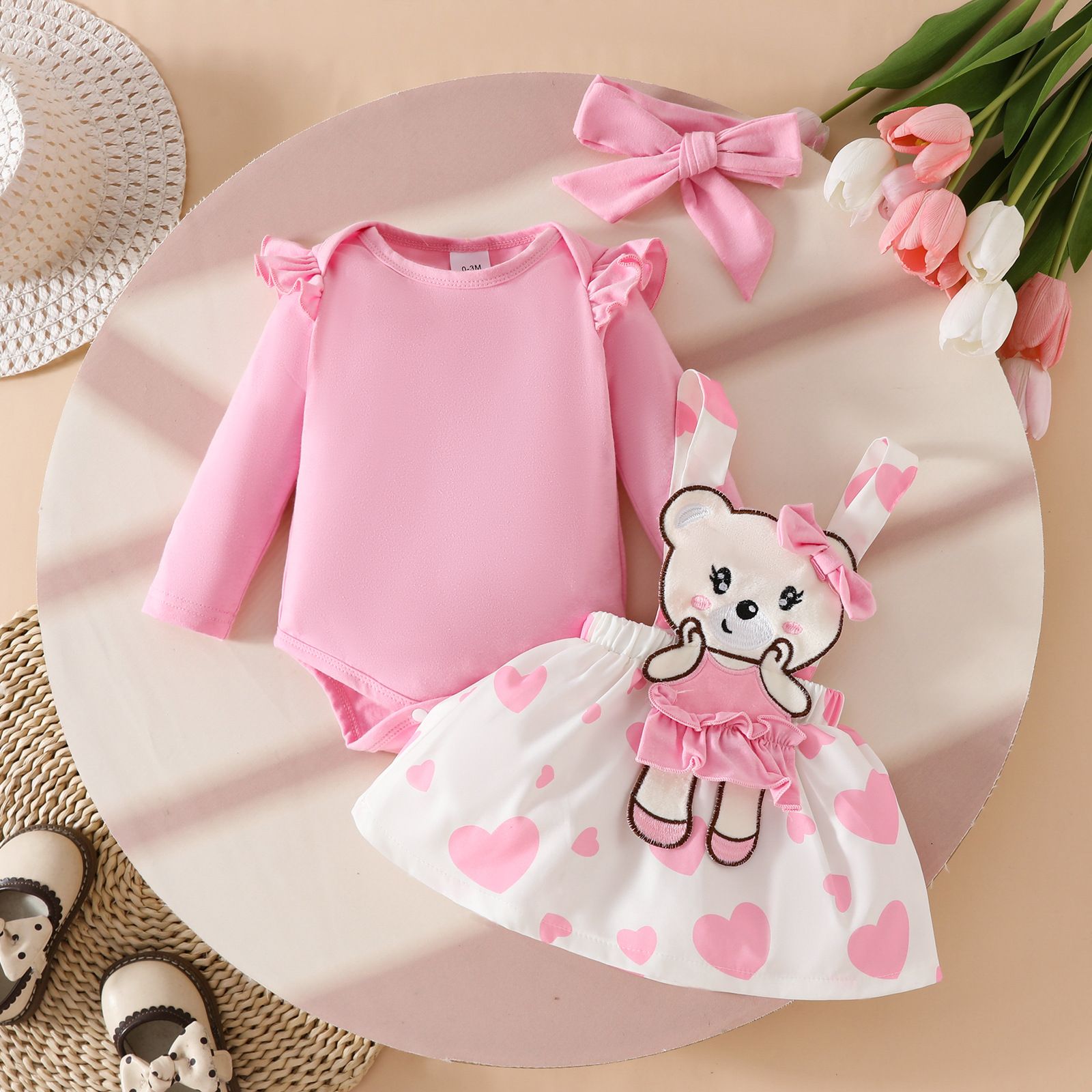 Girls 3 Piece Clothing Set Baby Romper Long Sleeve Red Jumpsuit Bear Plush Suspender Dress Bow Fashionable Comfortable Breathable Holiday Party Gift