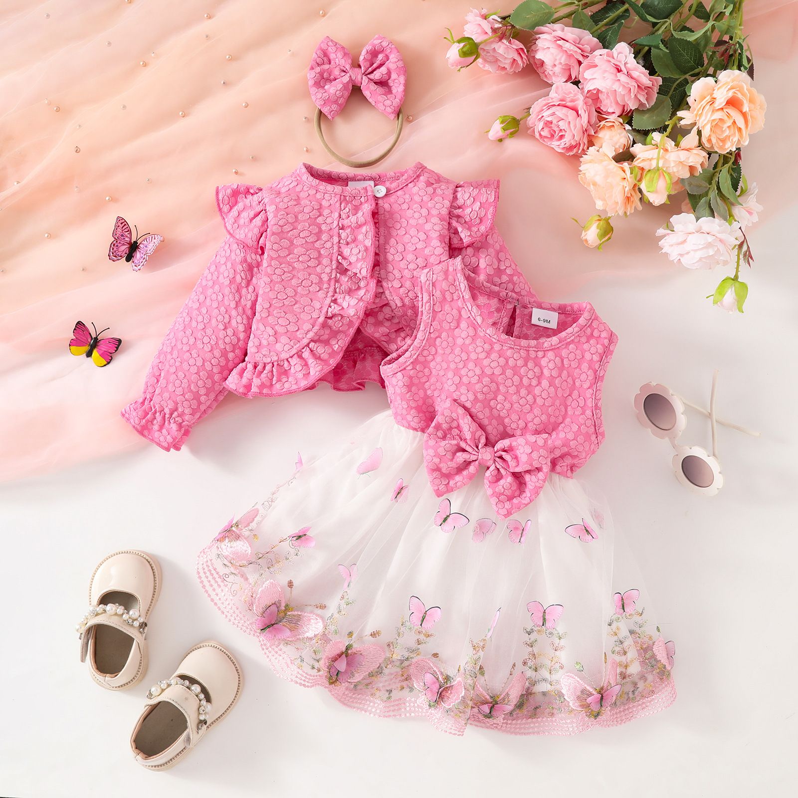 Girls Toddler 3 Piece Princess Outfit Long Sleeve Jacket Tulle Spliced Dress Bow Hairband New Season Fashion Cute Walking Baby Clothing